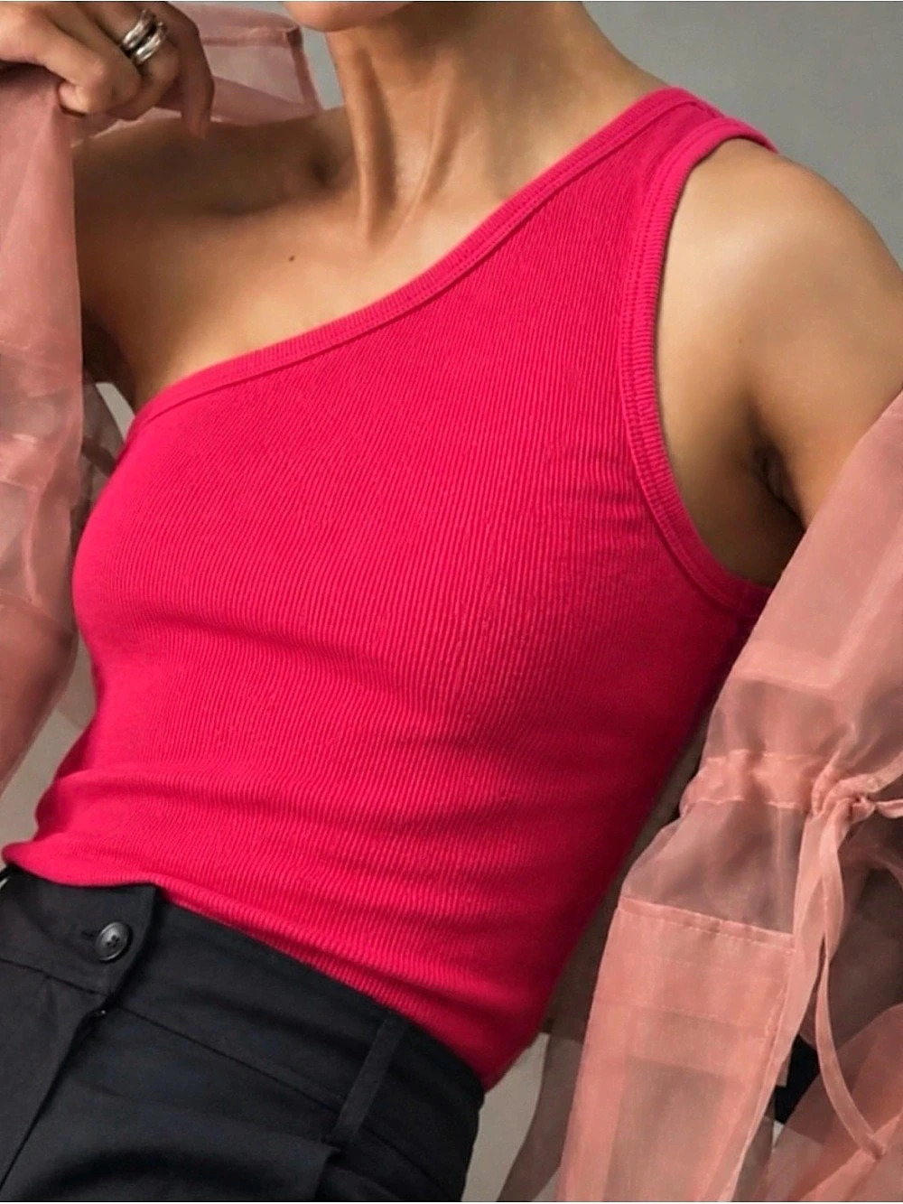 NEW Anthropologie Pilcro Zeda Ribbed One-Shoulder Top in Pink Size Medium